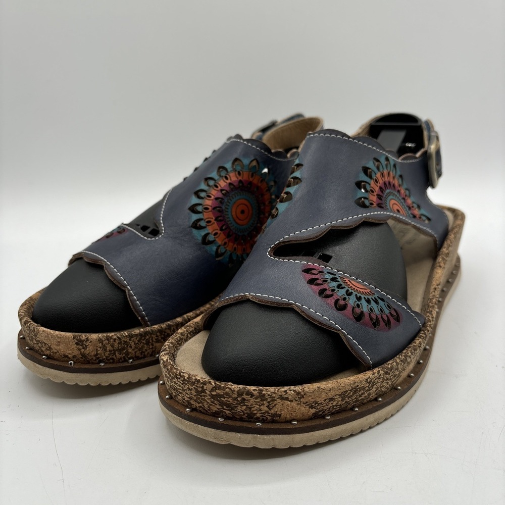 Spring Step L'Artiste Judy B Blue Floral Cork Wedge Sandals Women's 38 7.5